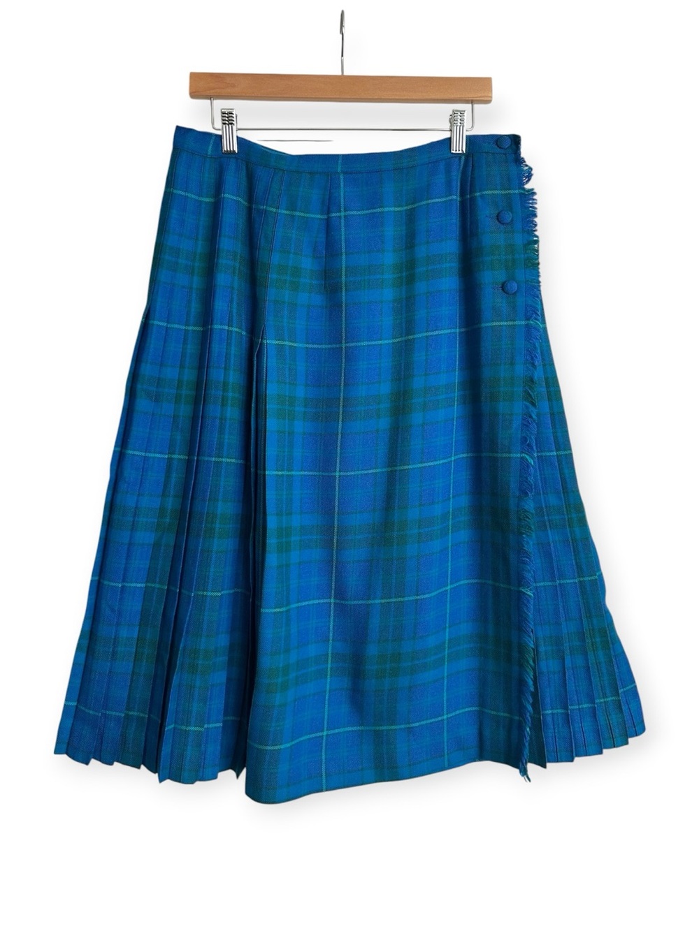 Vintage 70s Aljean Canada Blue Tartan Wool Kilt Wrap Pleated Skirt MIDI Size 10